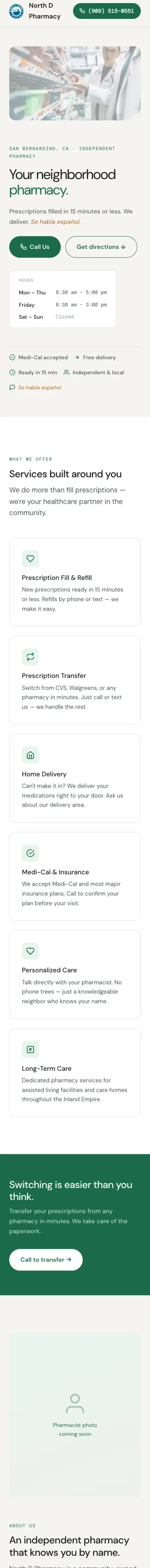 After: North D Pharmacy mobile with sticky header call CTA, hours in hero, and EN/ES language toggle