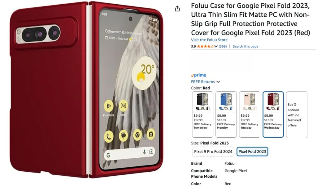 Amazon product page for a red Foluu case for Google Pixel Fold 2023, showing the case on the phone.