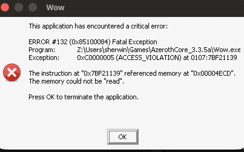 WoW Error #132 fatal exception dialog on macOS